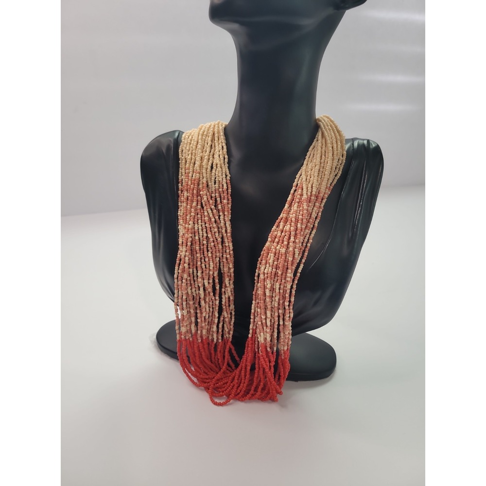 Multi Strand Seed Bead Necklace Orange Cream Boho Statement Tribal
